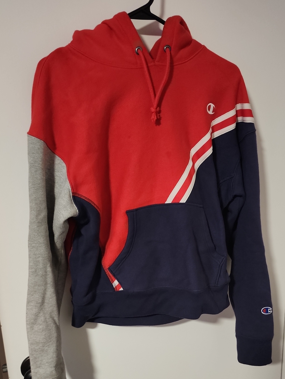 Champion Red Navy Gray Colorblock Pullover Hoodie with Stripe Accents
